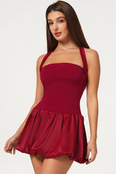 Red Satin Lace-Up Bubble Hem Mini Dress